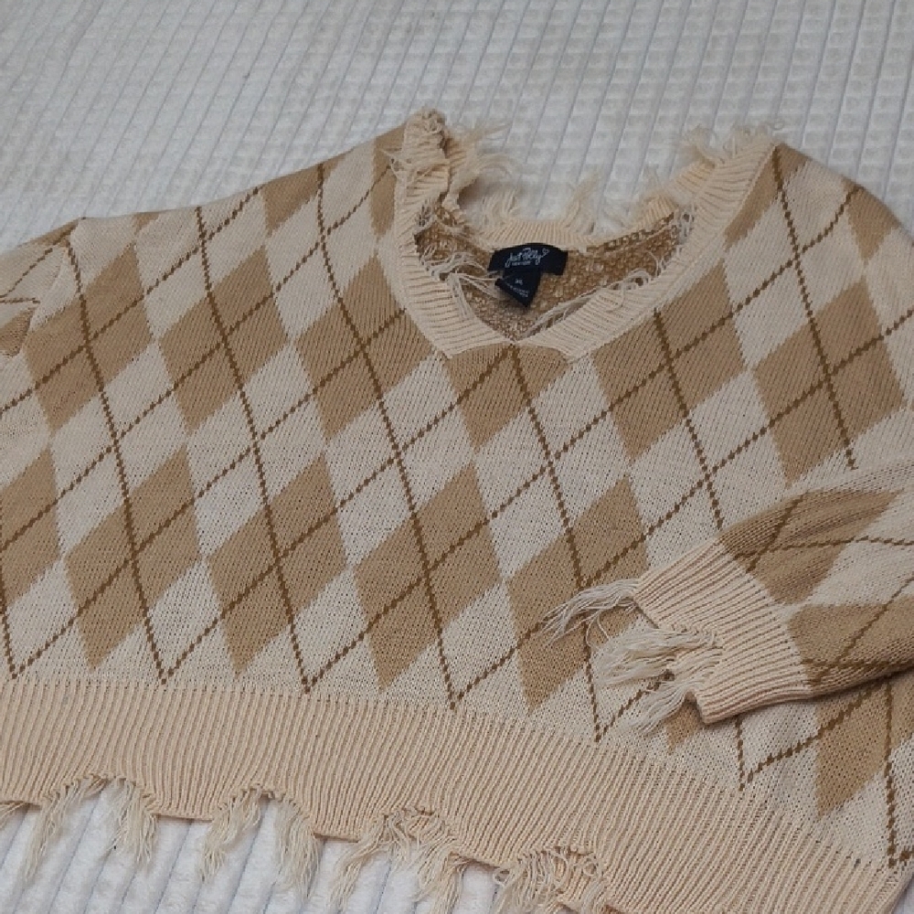 Distressed Beige Argyle Sweater XL Y2K Blokecore Whimsygoth - Picture 2 of 12
